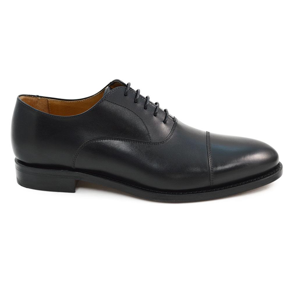A Berwick 1707 black leather toe cap oxford shoe with a goodyear welted construction and single leather sole.