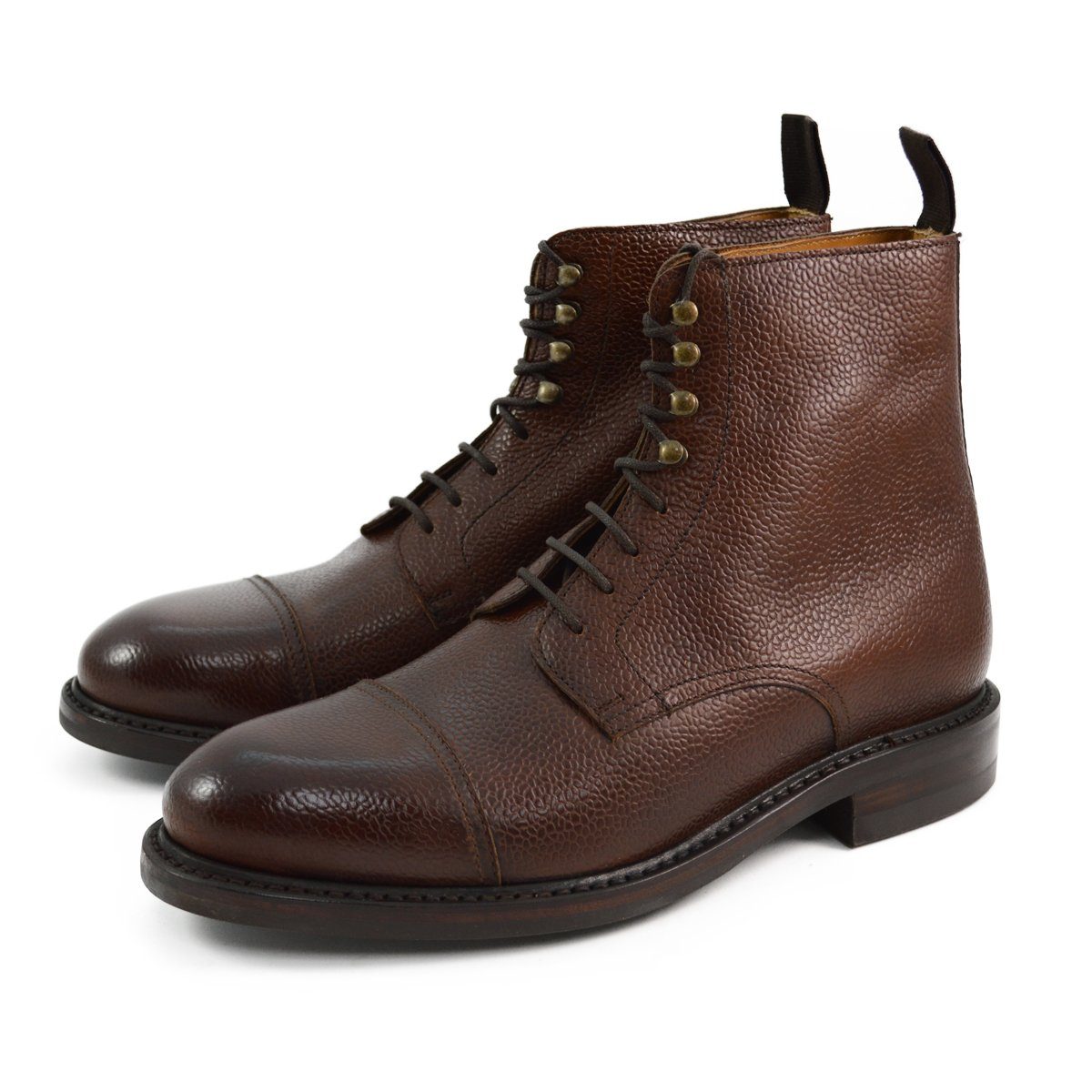A Berwick 1707 dark brown, premium grain leather lace-up boot with a cap toe and a low heel & Dainite Sole