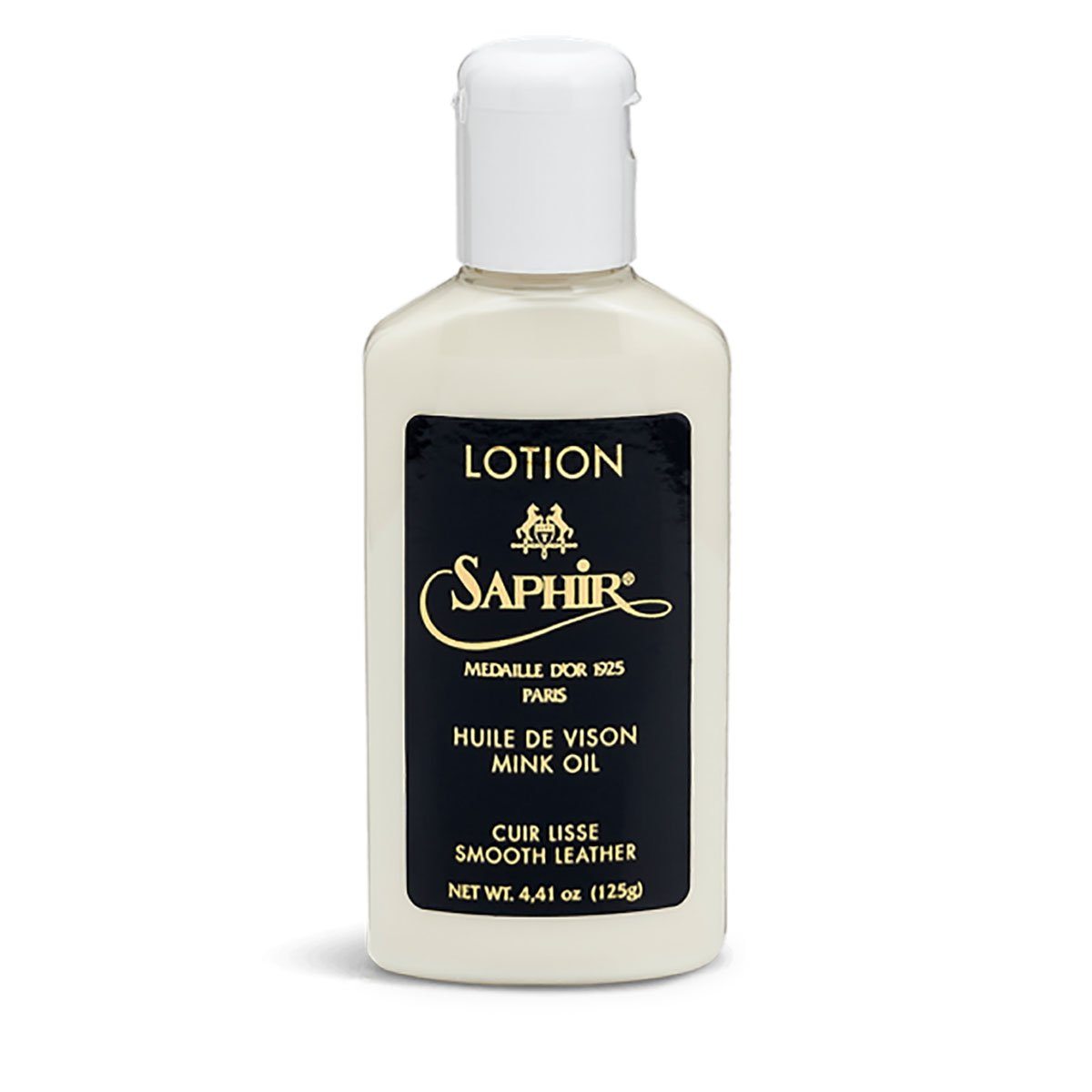A white bottle with a flip cap lid labeled 'Saphir' and 'LOTION' for smooth leather, against a plain background.