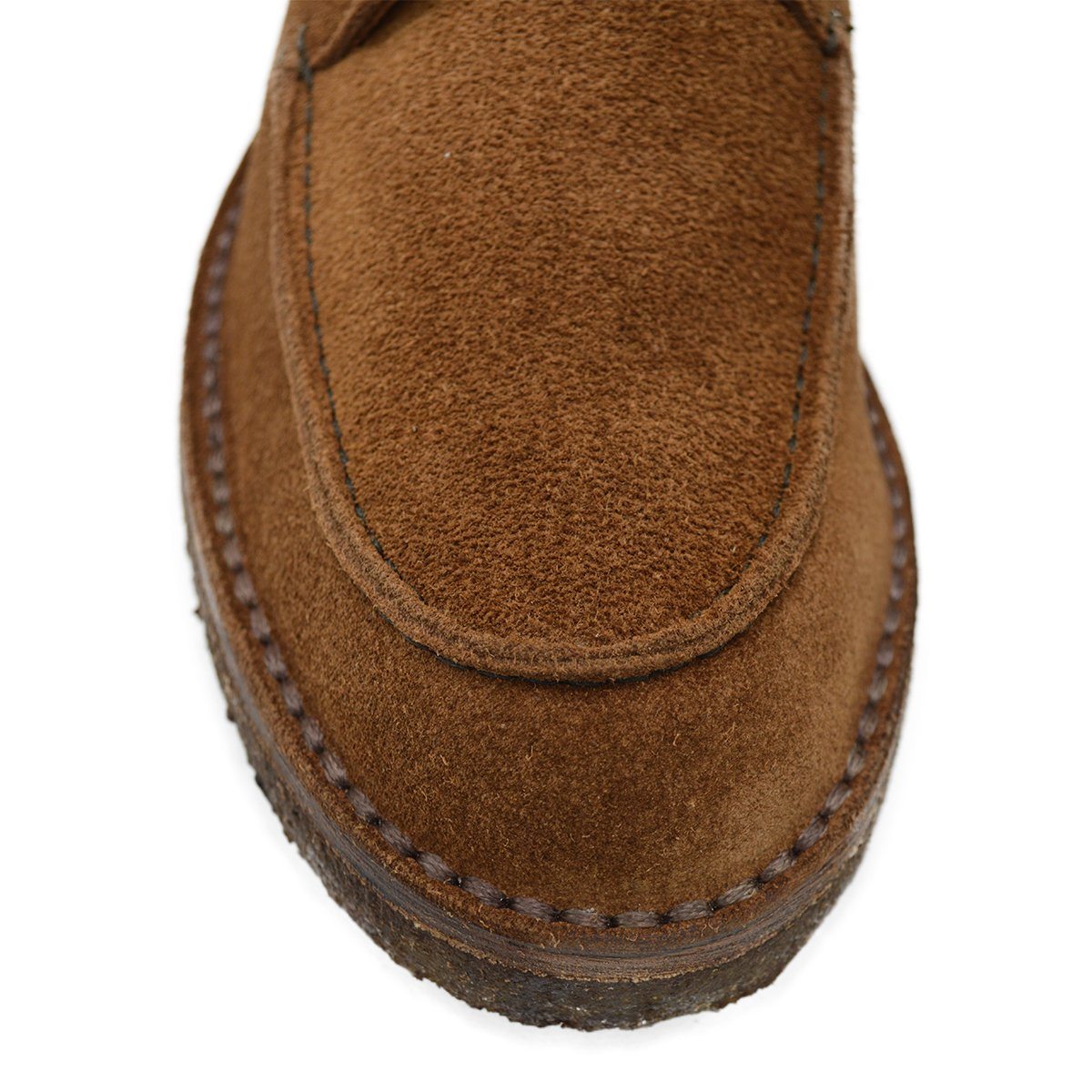 A brown Berwick 1707 5432 Apron Boot with lace-up closure, handcrafted from reverse kudu suede, featuring moccasin stitching and a crepe rubber sole.
