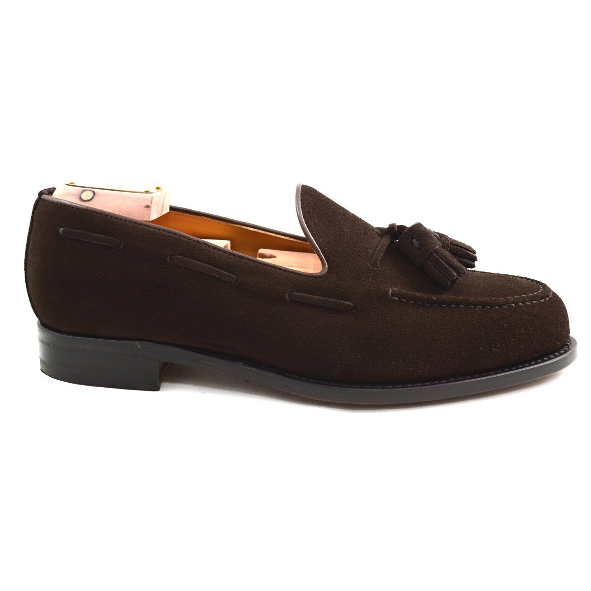 A classic dark brown suede slip-on shoe with tassels, by Berwick 1707.