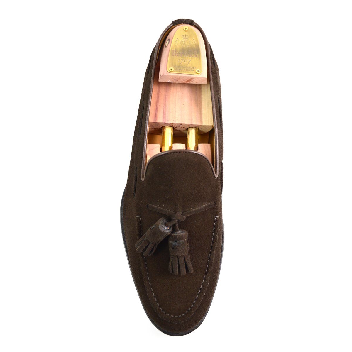A classic dark brown suede slip-on shoe with tassels, by Berwick 1707.