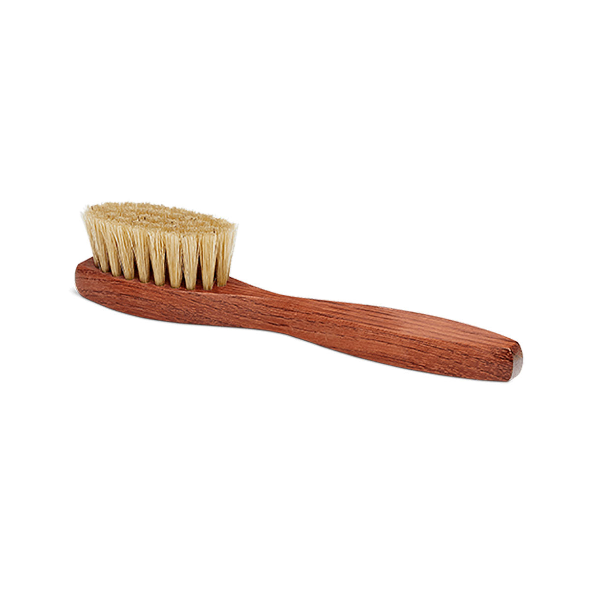 A long-handled spatula-shaped shoe polish applicator brush with natural
bristles and a wooden handle.