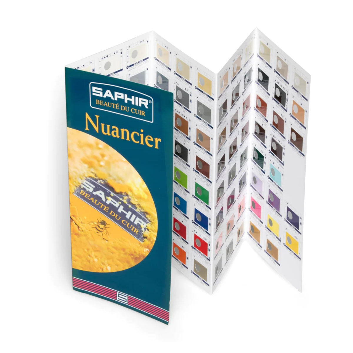 A plastic coated colour reference chart titled 'SAPHIR Nuancier', displaying various swatches of shoe polish colors.