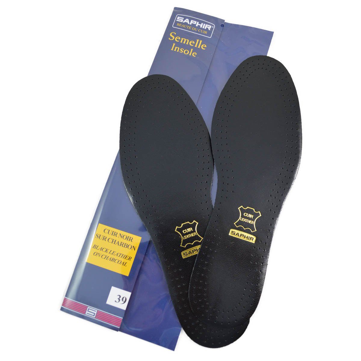 Packaging of Saphir black leather insoles with a classic round toe fit, showing the insole itself and brand logo.