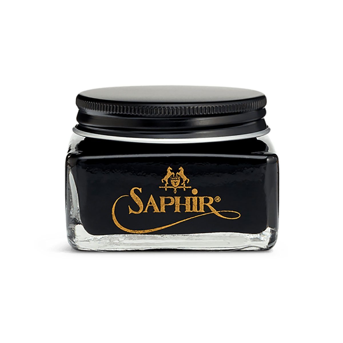A glass jar with a black lid containing black-colored Saphir Medaille D'Or Cordovan Cream Shoe Polish, branded with the Saphir logo on the front.