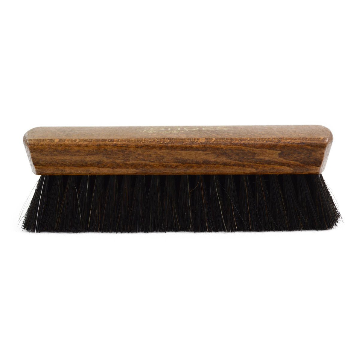 A wooden shoe shine brush with horsehair bristles, one with the brand 'AFPOS' visible on the top.