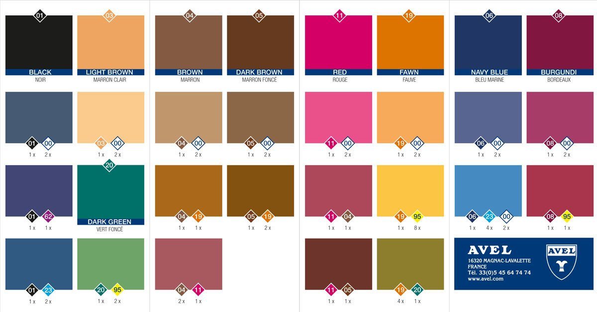 A colour chart of Saphir Teinture Francaise dye for leather