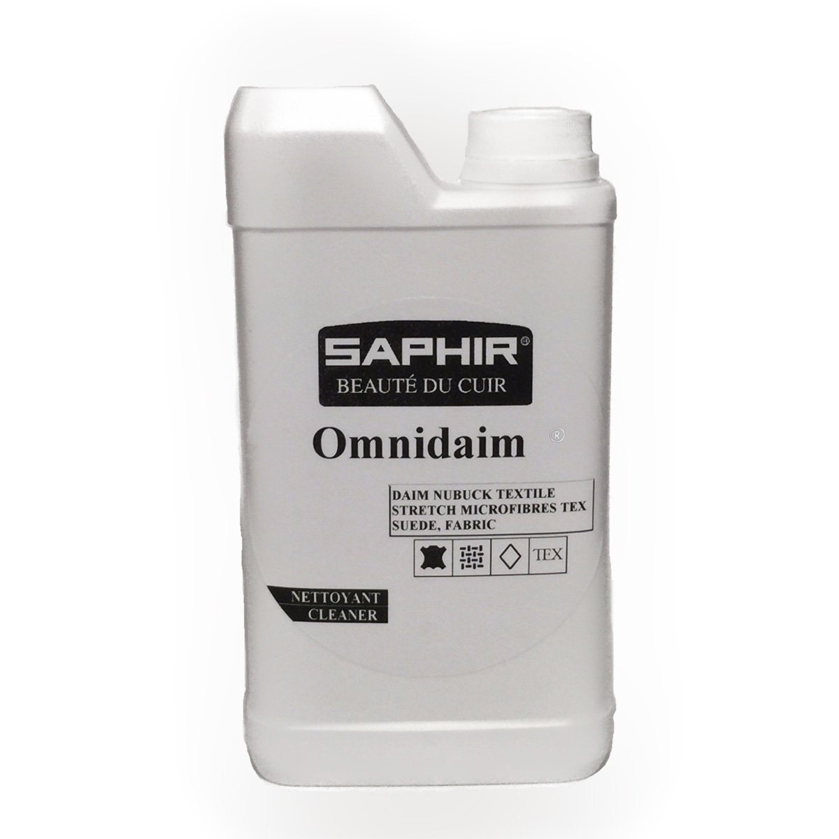 A product image featuring a plastic bottle of Saphir Omnidaim Suede Multicleaner