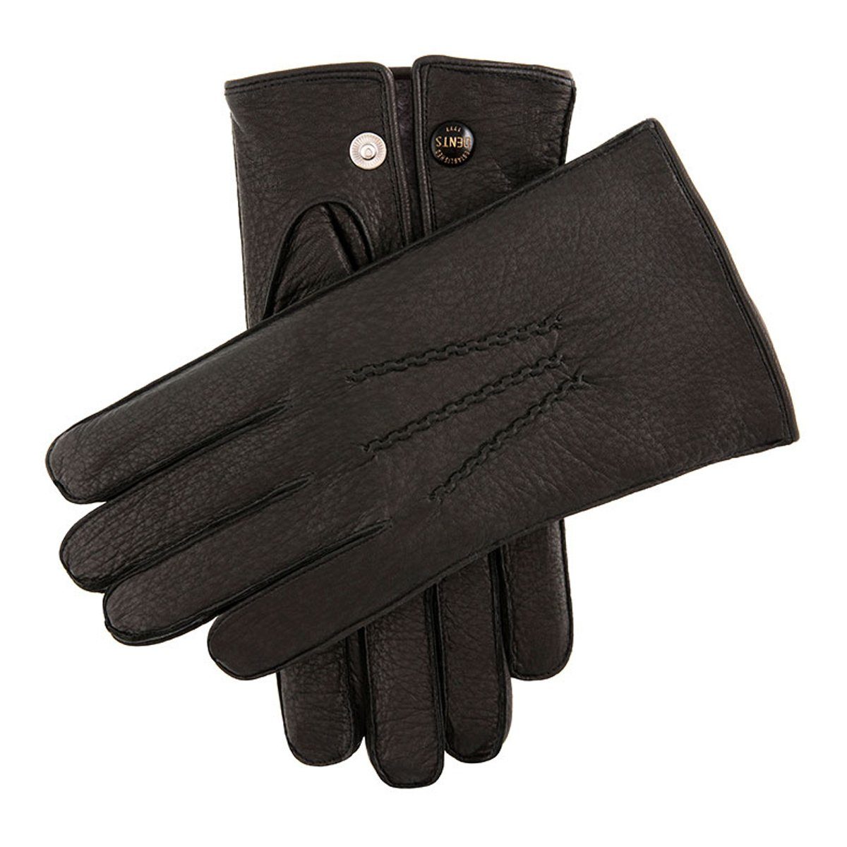 A pair of black deerskin leather gloves with rabbit fur lining, featuring three points and Dents stud closure.