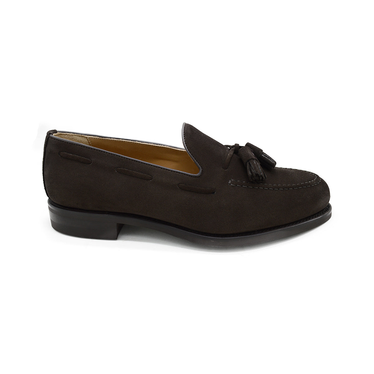 A classic dark brown suede slip-on shoe with tassels, by Berwick 1707, with a goodyear welted dainite sole.