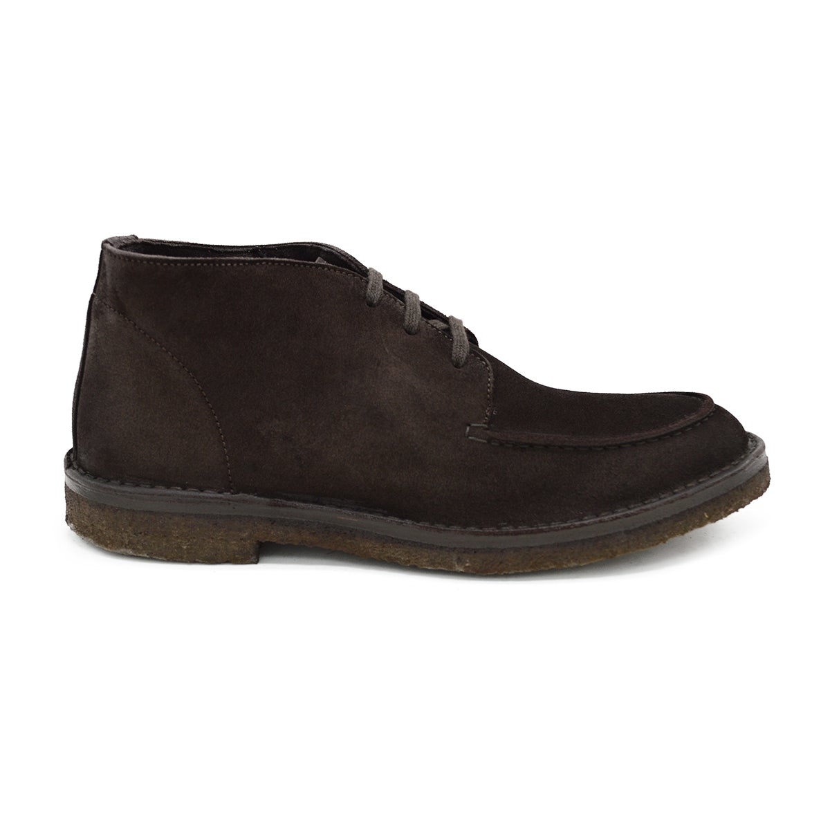 A brown Berwick 1707 apron boot with lace-up closure, handcrafted from reverse kudu suede, featuring moccasin stitching and a crepe rubber sole.