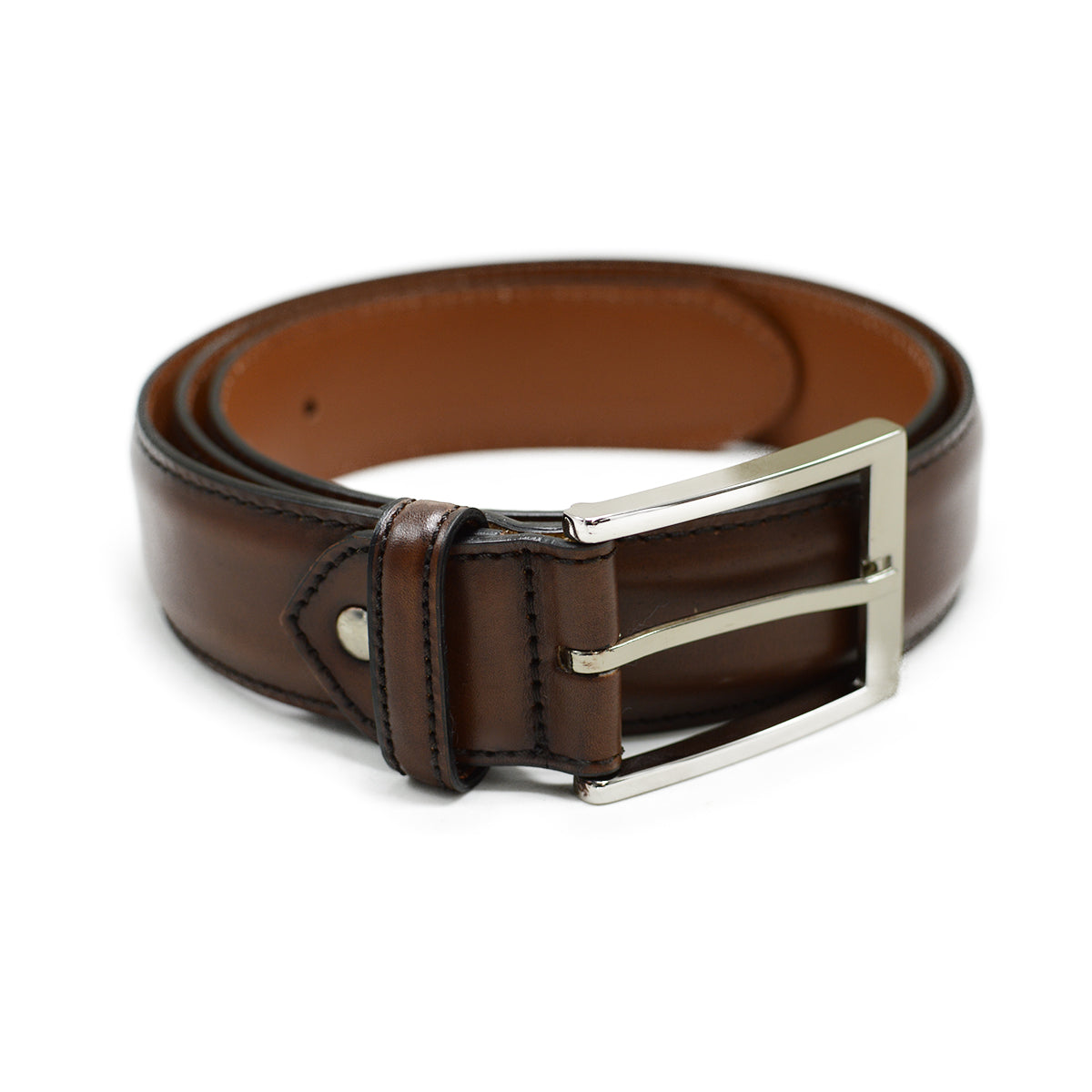 A Berwick 1707 brown calf leather belt with a silver chrome buckle, displayed on a white background.
