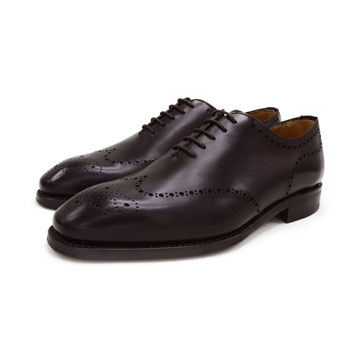 A Berwick 1707 moka brown wholecut Oxford brogue shoe with a goodyear welted leather sole, last week, and a smooth finish.