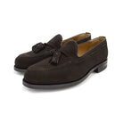 A classic dark brown suede slip-on shoe with tassels, by Berwick 1707, with a goodyear welted dainite sole.