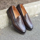 A dark brown Berwick 1707 Penny Loafer with a closed toe and loafers style heel, displayed on a concrete curb background.