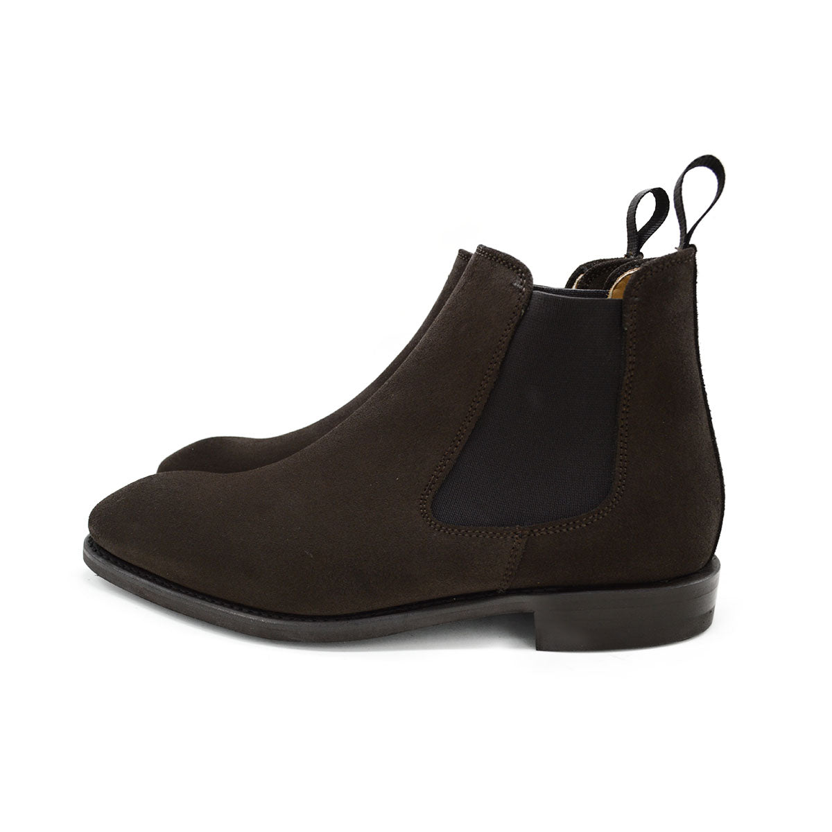 A Berwick 1707 dark brown suede Chelsea boot with a black elastic panel and a low heel, displayed on a white background.