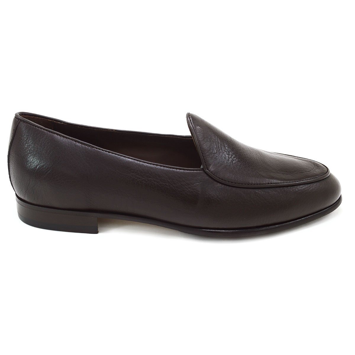 A dark brown deerskin leather Belgian loafer with an almond toe shape and minimal stitching.