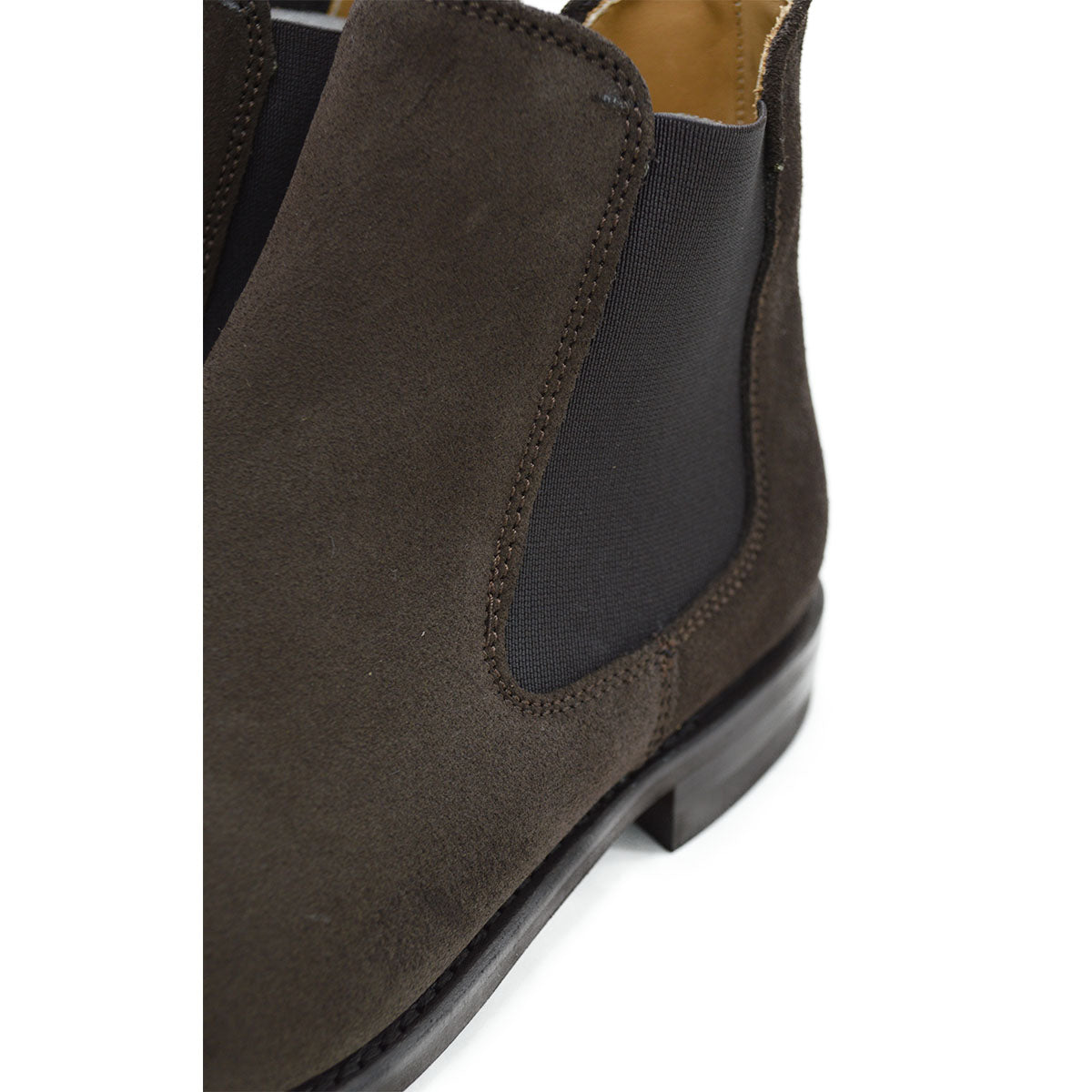 A Berwick 1707 dark brown suede Chelsea boot with a black elastic panel and a low heel, displayed on a white background.
