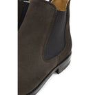 A Berwick 1707 dark brown suede Chelsea boot with a black elastic panel and a low heel, displayed on a white background.