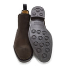 A Berwick 1707 dark brown suede Chelsea boot with a black elastic panel and a low heel, displayed on a white background.