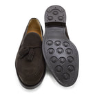 A classic dark brown suede slip-on shoe with tassels, by Berwick 1707, with a goodyear welted dainite sole.