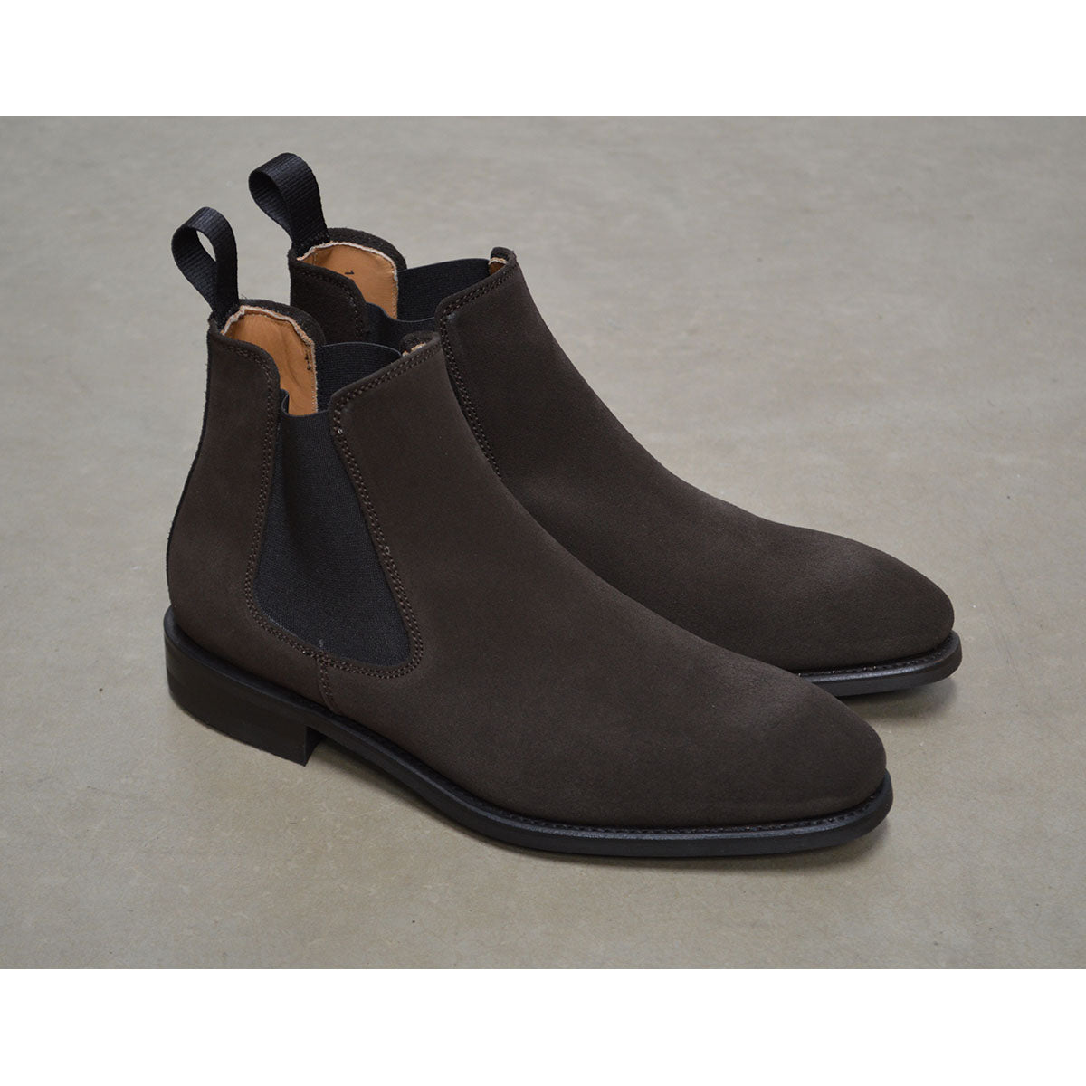 A Berwick 1707 dark brown suede Chelsea boot with a black elastic panel and a low heel, displayed on a white background.