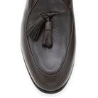 A Berwick 1707 dark brown deerskin Belgian loafer with a tassel detail on the vamp, displayed on a white background.
