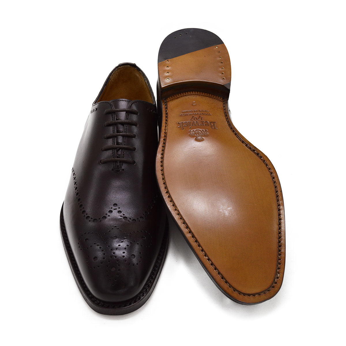 A Berwick 1707 moka brown wholecut Oxford brogue shoe with a goodyear welted leather sole, last week, and a smooth finish.