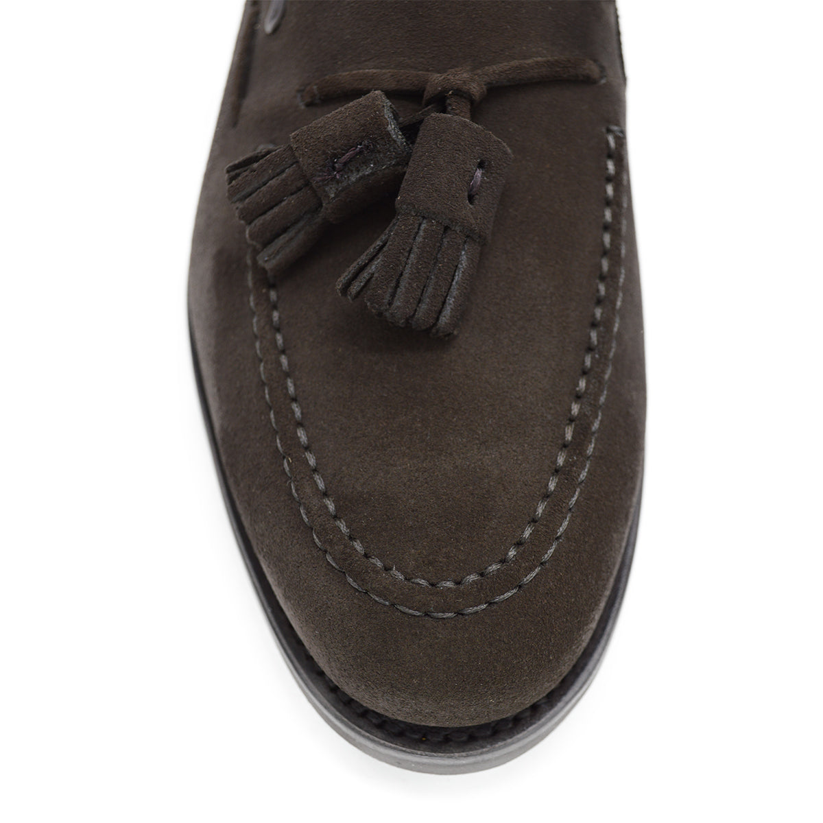 A classic dark brown suede slip-on shoe with tassels, by Berwick 1707, with a goodyear welted dainite sole.