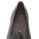 A dark brown deerskin leather Belgian loafer with an almond toe shape and minimal stitching.