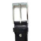 A Berwick 1707 black calf leather belt with a silver chrome buckle, displayed on a white background.