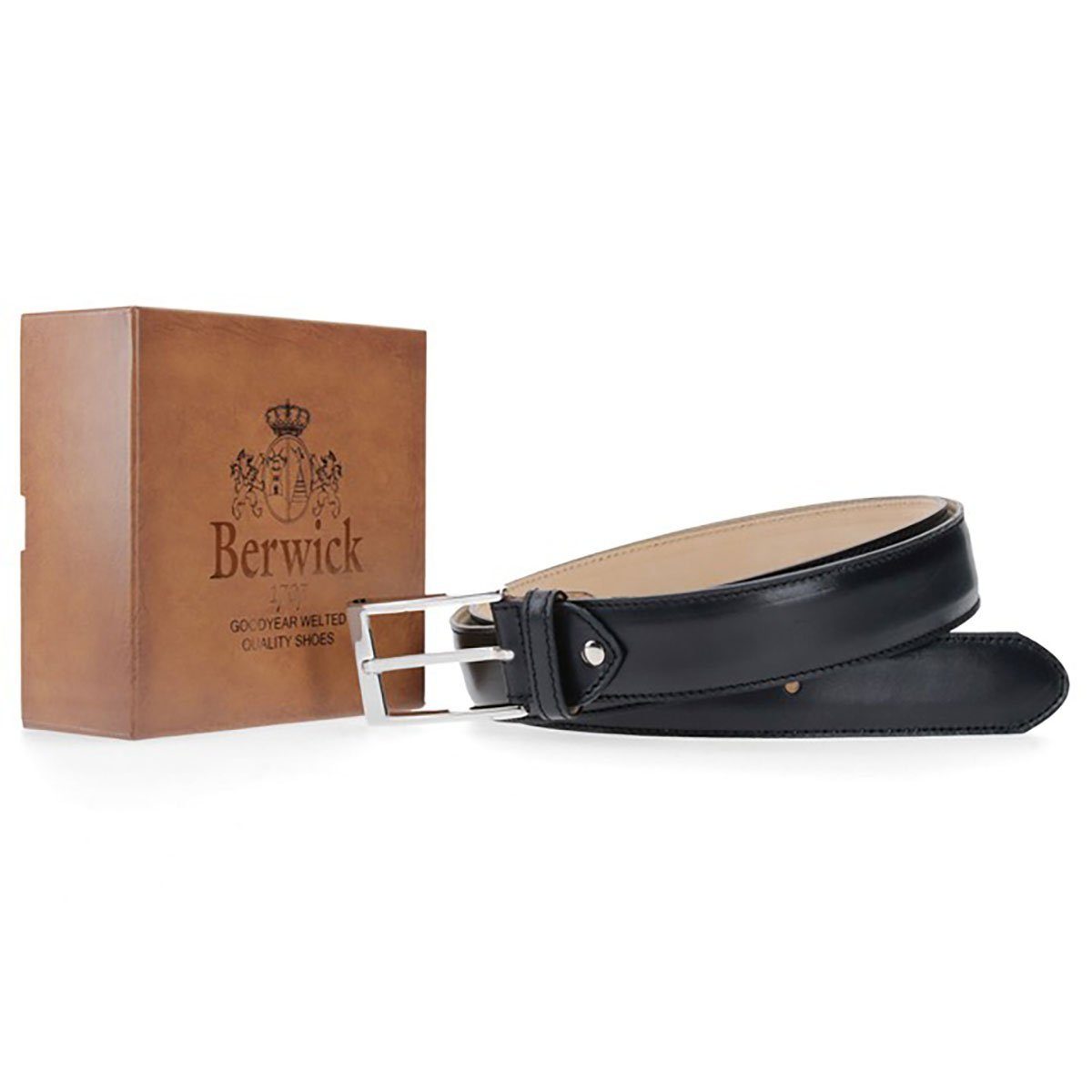A Berwick 1707 black calf leather belt with a silver chrome buckle, displayed on a white background.