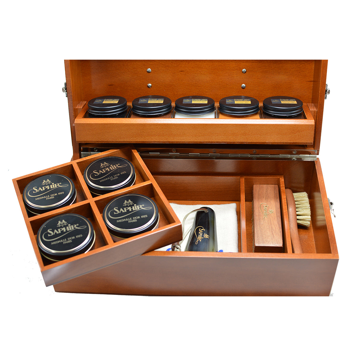 Saphir Medaille D'Or Brown Rosewood Valet box with leather handle on a white background