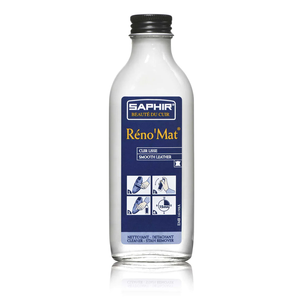 A product packaging box for Saphir RENOMAT, with a white background and an image of a leather surface treated with a product from the brand Saphir.