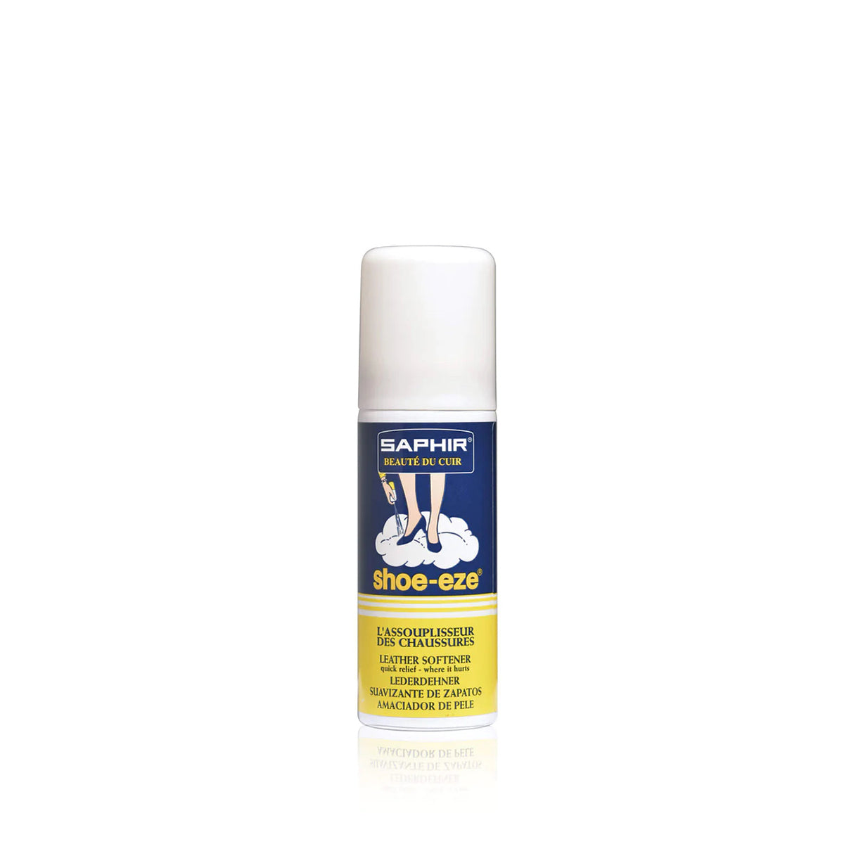A white spray can of Saphir Shoe-Eze Leather Softener Spray with product information and branding on the label.