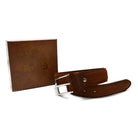 A brown suede leather belt with a silver chrome buckle, displayed on a white background.