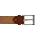 A brown suede leather belt with a silver chrome buckle, displayed on a white background.