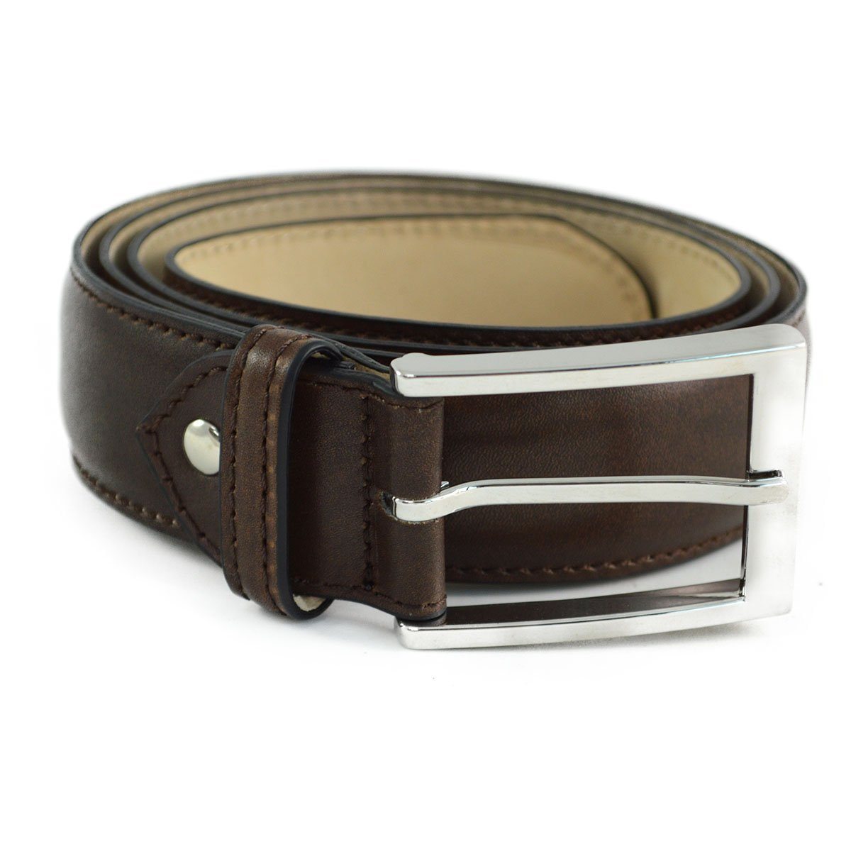 A Berwick 1707 brown calf leather belt with a silver chrome buckle, displayed on a white background.