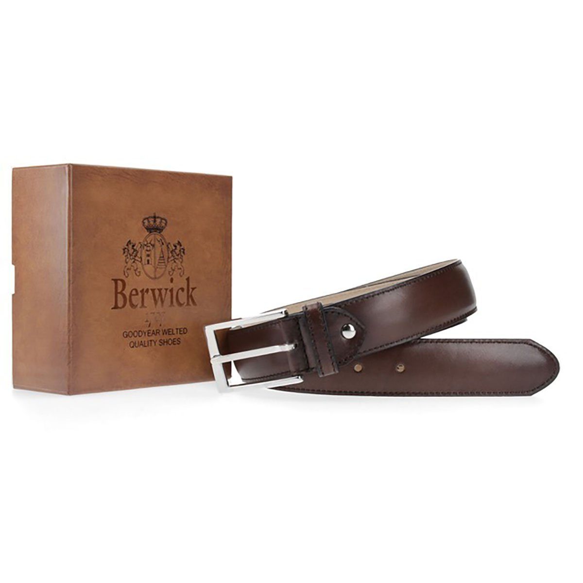 A Berwick 1707 brown calf leather belt with a silver chrome buckle, displayed on a white background.