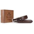 A Berwick 1707 brown calf leather belt with a silver chrome buckle, displayed on a white background.