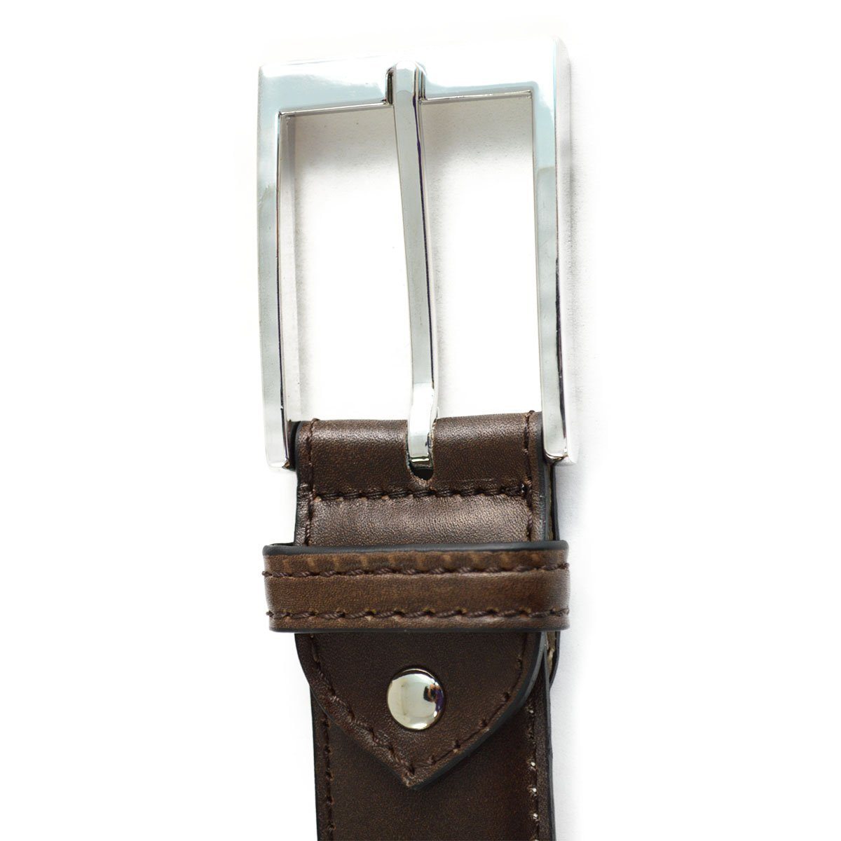 A Berwick 1707 brown calf leather belt with a silver chrome buckle, displayed on a white background.