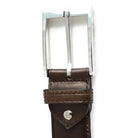 A Berwick 1707 brown calf leather belt with a silver chrome buckle, displayed on a white background.