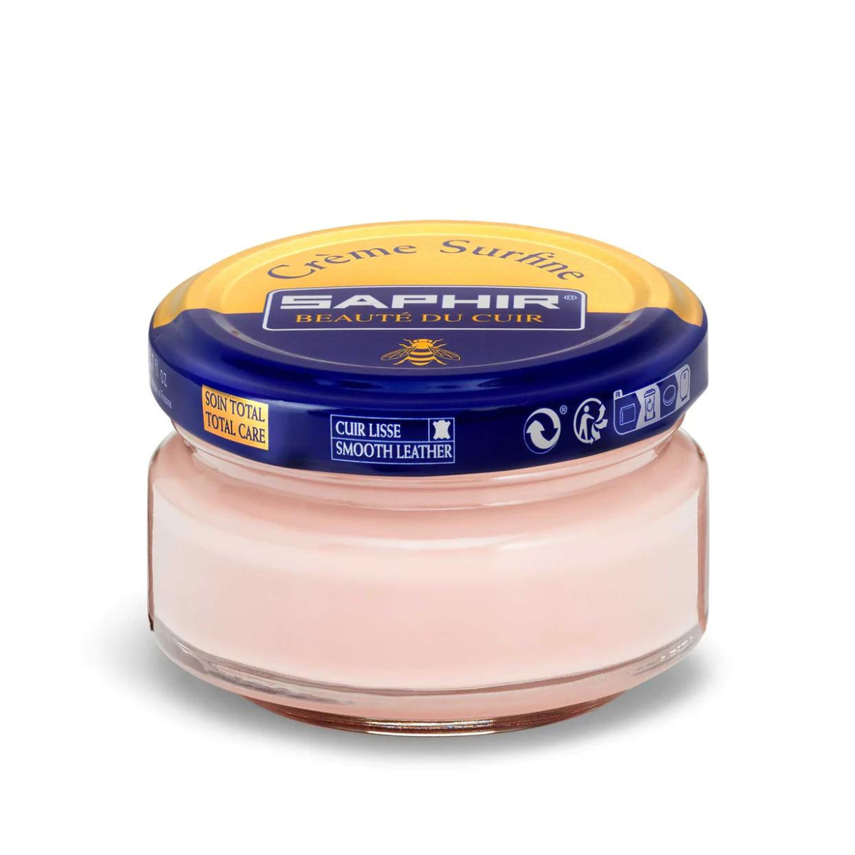 A jar of Saphir Creme Surfine shoe polish with a label on the lid.
