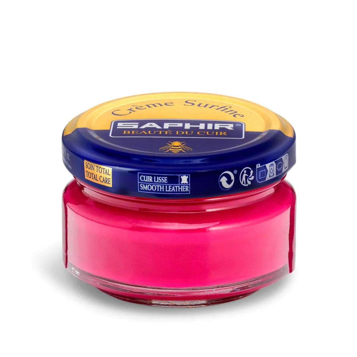 A jar of Saphir Creme Surfine shoe polish with a label on the lid.