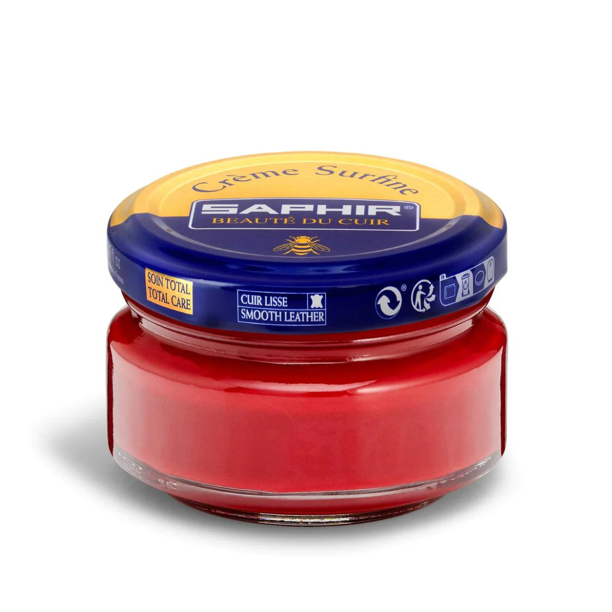 A jar of Saphir Creme Surfine shoe polish with a label on the lid.