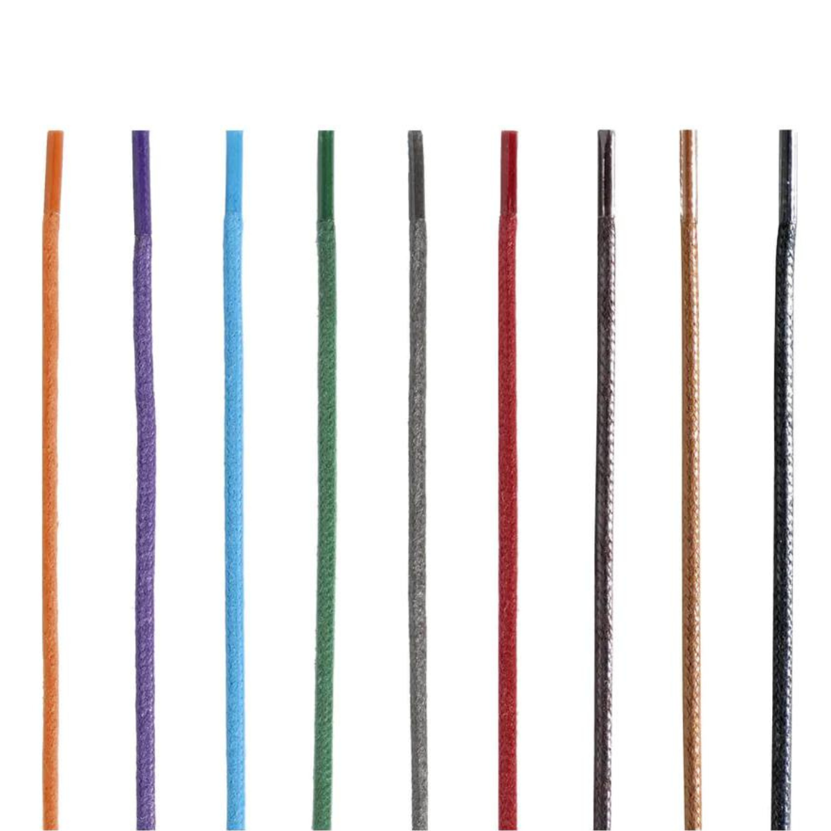 A selection of colorful round waxed shoelaces, approximately 1.5mm in thickness, arranged vertically in a line.