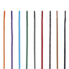 A selection of colorful round waxed shoelaces, approximately 1.5mm in thickness, arranged vertically in a line.