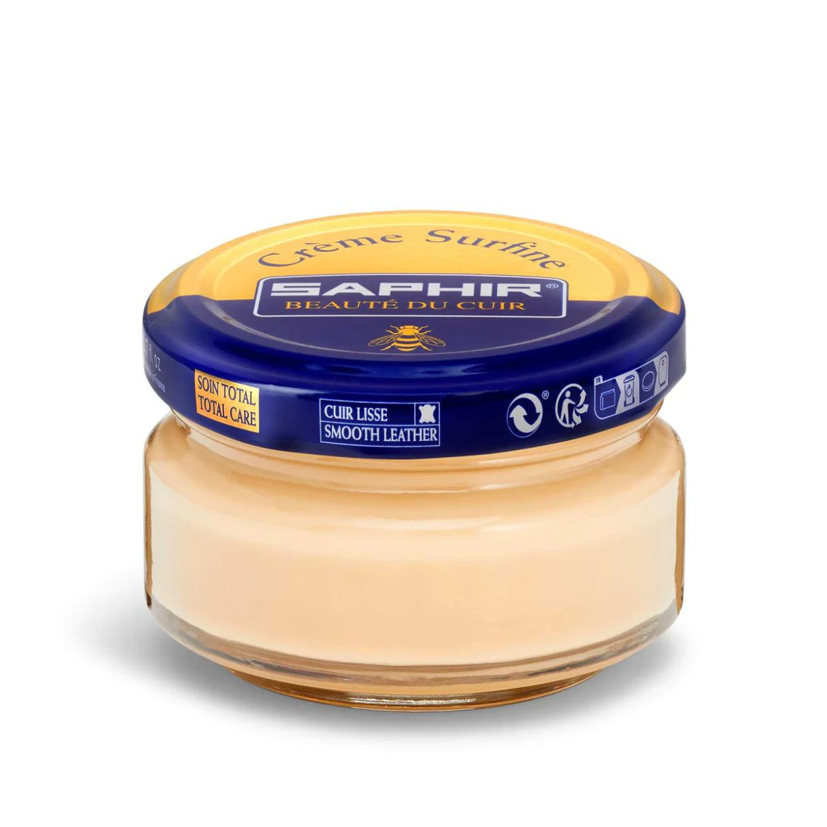 A jar of Saphir Creme Surfine shoe polish with a label on the lid.