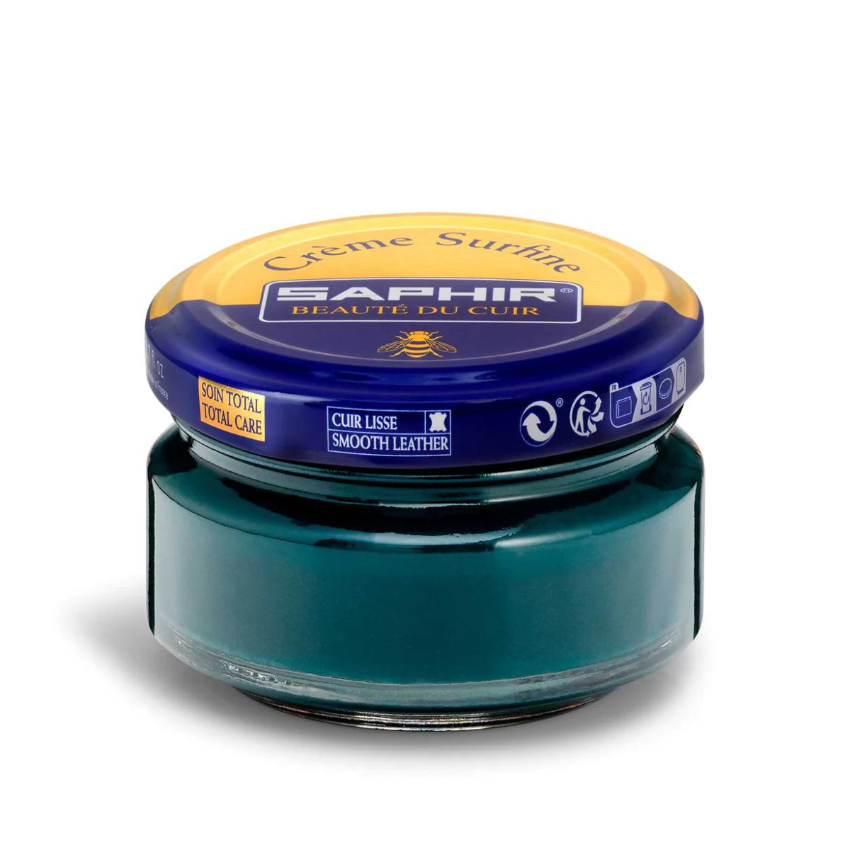 A jar of Saphir Creme Surfine shoe polish with a label on the lid.